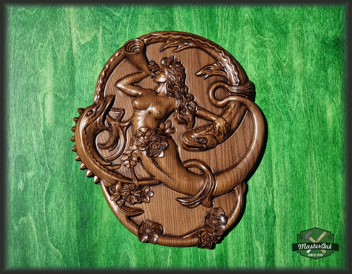 Siren Mermaid Gorgon Solitude wood carved panel, wall art, wall hanging