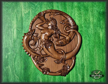 Load image into Gallery viewer, Siren Mermaid Gorgon Solitude wood carved panel, wall art, wall hanging
