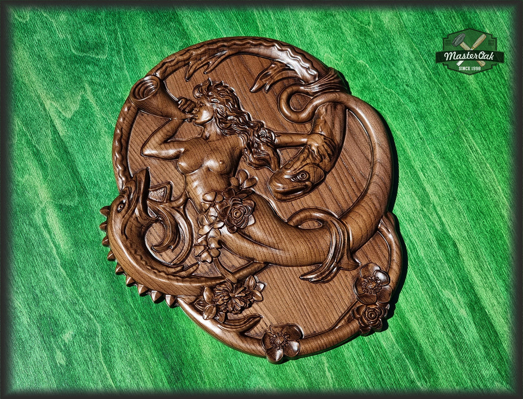 Siren Mermaid Gorgon Solitude wood carved panel, wall art, wall hanging