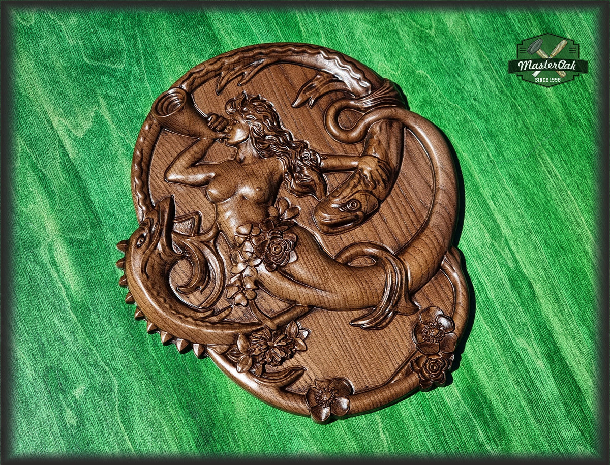 Siren Mermaid Gorgon Solitude wood carved panel, wall art, wall hanging