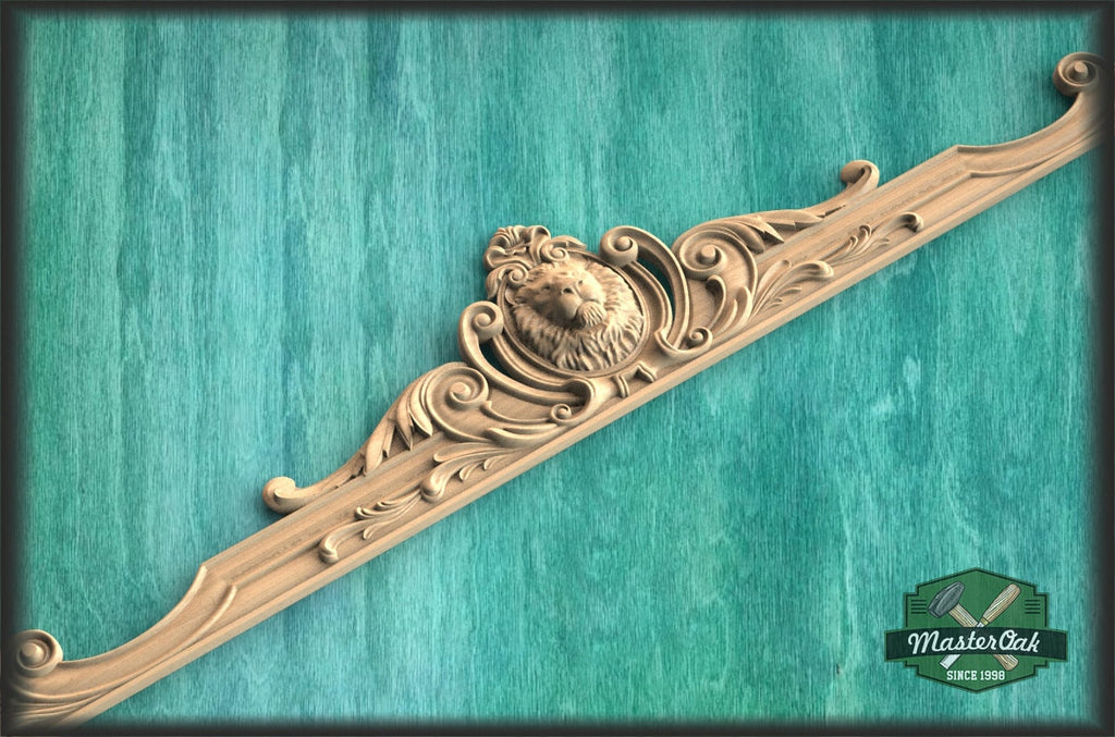 Lion Onlay above the entrance, Large oak floral center onlay with lion gead, horizontal decor, carved decoration of wood, wooden onlay