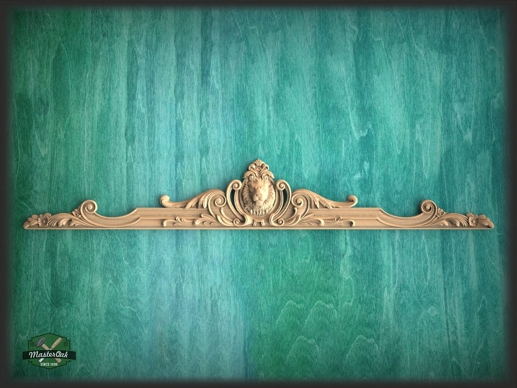 Lion Onlay above the entrance, Large oak floral center onlay with lion gead, horizontal decor, carved decoration of wood, wooden onlay