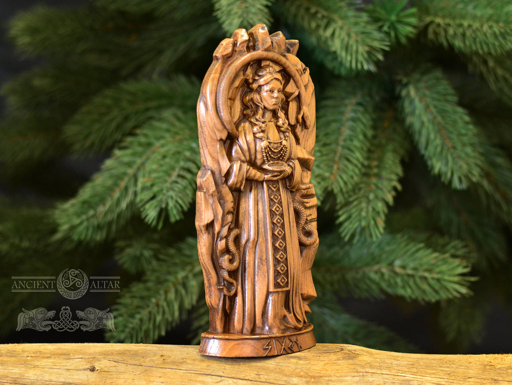 Sigyn Pagan goddess statue altar, Sigyn Wood figurine, Wooden sculpture, Wood carving, Altar pagan