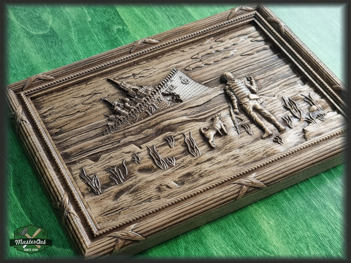 Stylized wood panel Russian Warship Go F**k Yourself with Patron dog, wood wall art, Ukraine wall decor carving