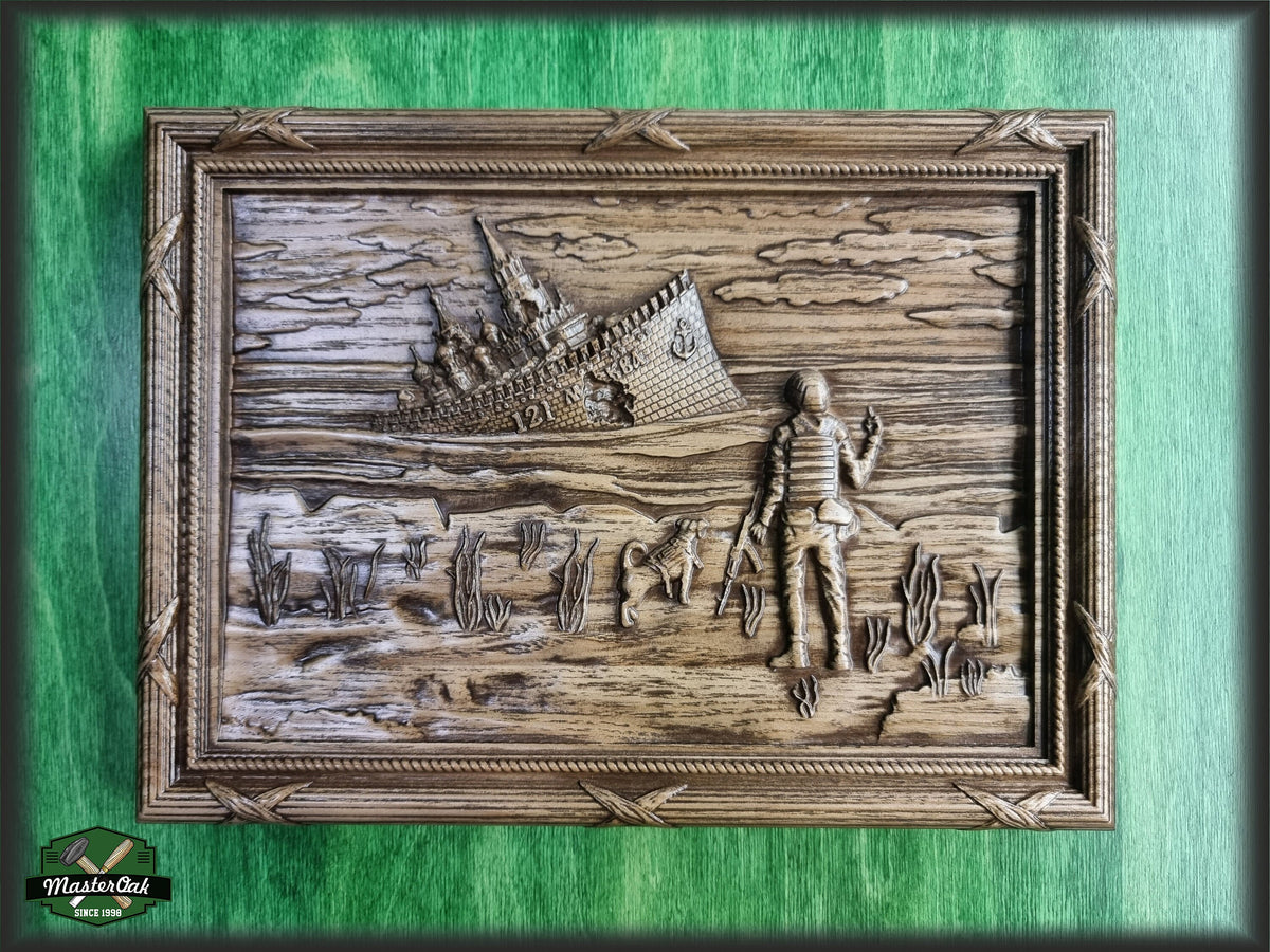 Stylized wood panel Russian Warship Go F**k Yourself with Patron dog, wood wall art, Ukraine wall decor carving