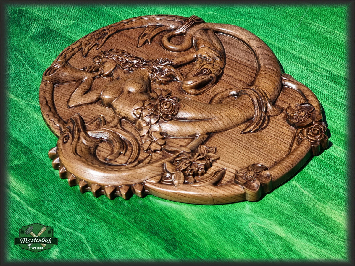 Siren Mermaid Gorgon Solitude wood carved panel, wall art, wall hanging