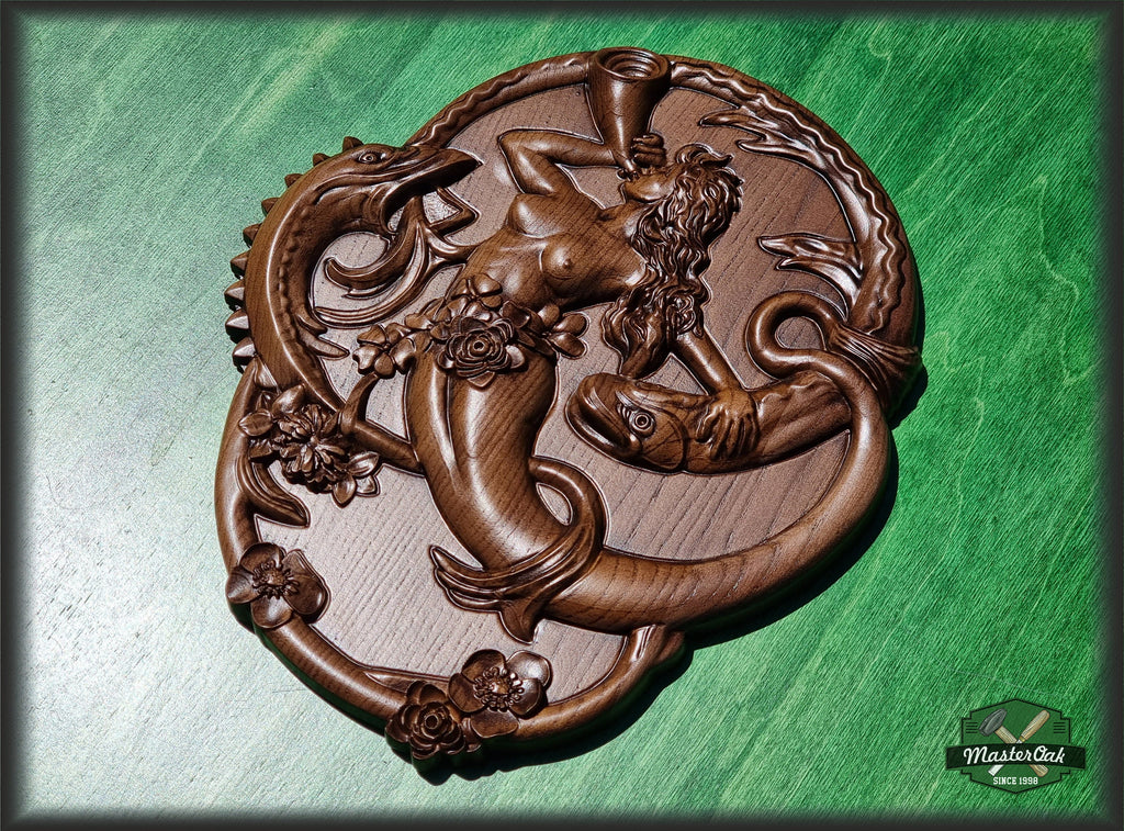 Siren Mermaid Gorgon Solitude wood carved panel, wall art, wall hanging