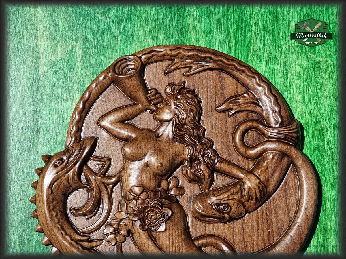 Siren Mermaid Gorgon Solitude wood carved panel, wall art, wall hanging