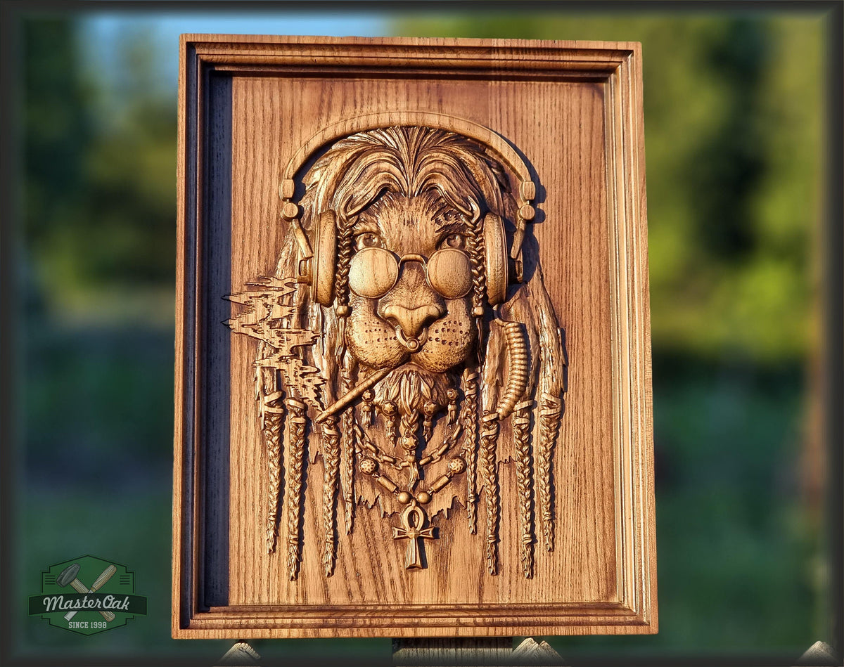 Smoking Lion carved panel of wood, Wall art, Designer wall decoration, Wood carved gift