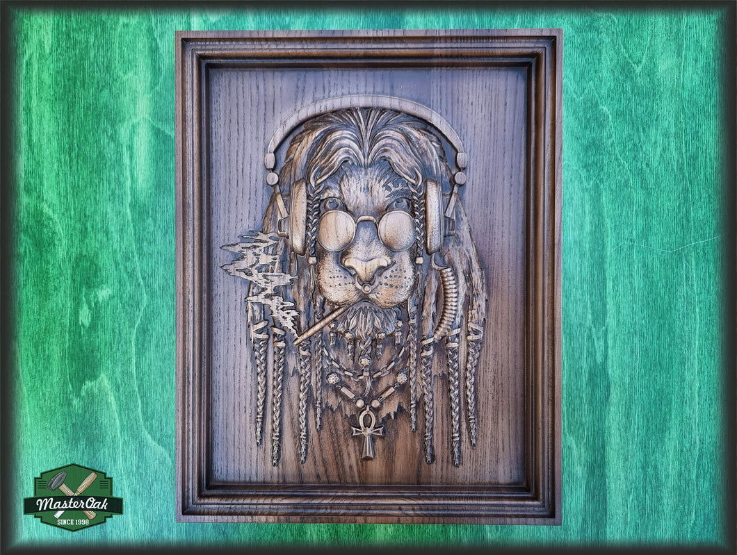 Smoking Lion carved panel of wood, Wall art, Designer wall decoration, Wood carved gift