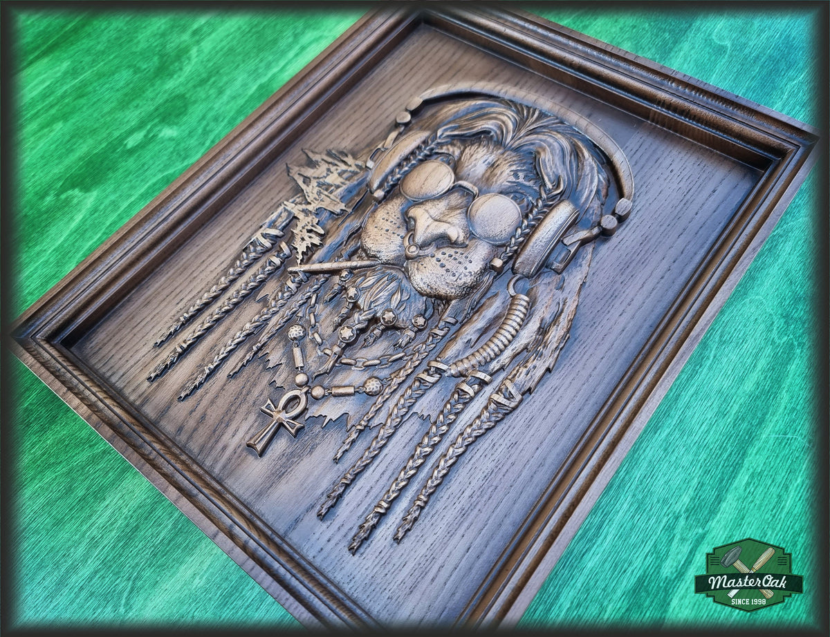 Smoking Lion carved panel of wood, Wall art, Designer wall decoration, Wood carved gift