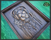 Load image into Gallery viewer, Smoking Lion carved panel of wood, Wall art, Designer wall decoration, Wood carved gift

