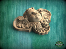 Load image into Gallery viewer, Angel Head Carved Wood Applique, Angel with wings, Carved Angel, religion decor, carved decoration of wood, wooden onlay
