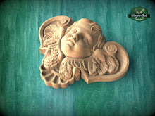 Load image into Gallery viewer, Angel Head Carved Wood Applique, Angel with wings, Carved Angel, religion decor, carved decoration of wood, wooden onlay
