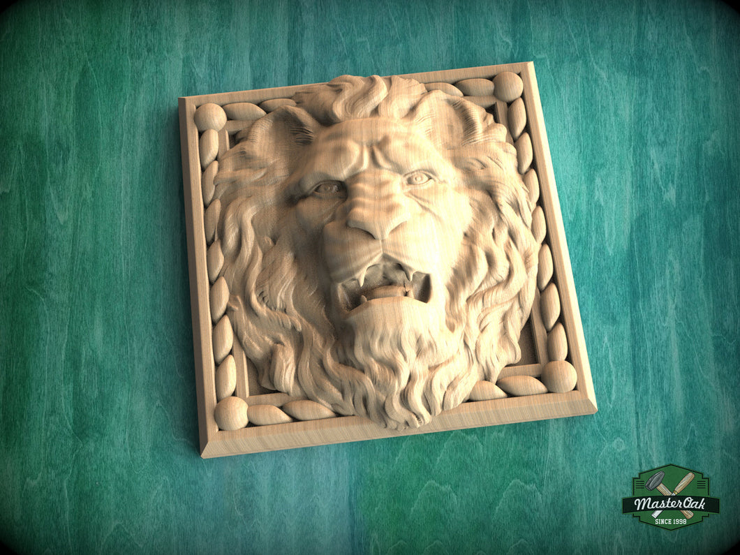 Square Decor Lion made of wood, Unpainted, 1pc, Carved lion head, Applique furniture decor DIY Furniture Trim Supplies