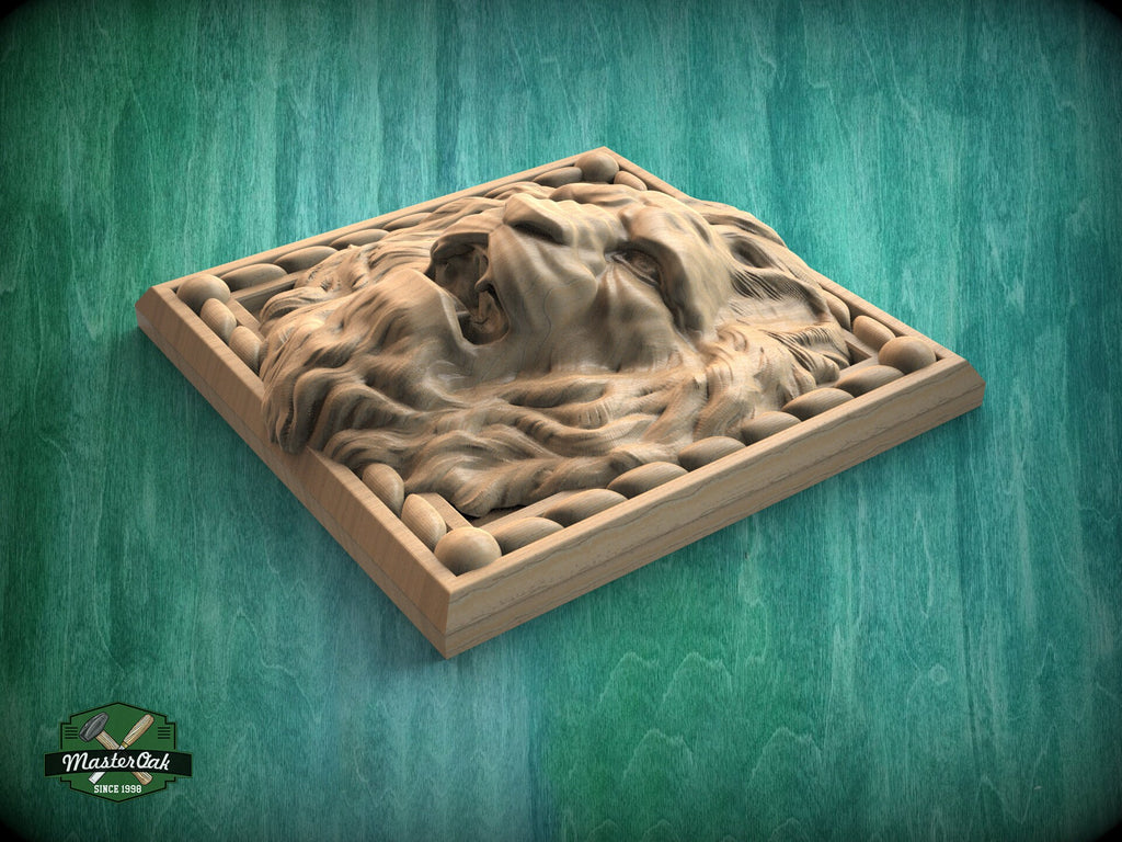 Square Decor Lion made of wood, Unpainted, 1pc, Carved lion head, Applique furniture decor DIY Furniture Trim Supplies