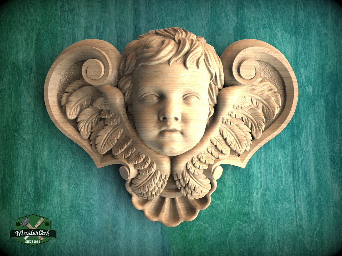 Angel Head Carved Wood Applique, Angel with wings, Carved Angel, religion decor, carved decoration of wood, wooden onlay