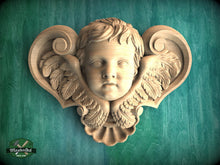 Load image into Gallery viewer, Angel Head Carved Wood Applique, Angel with wings, Carved Angel, religion decor, carved decoration of wood, wooden onlay
