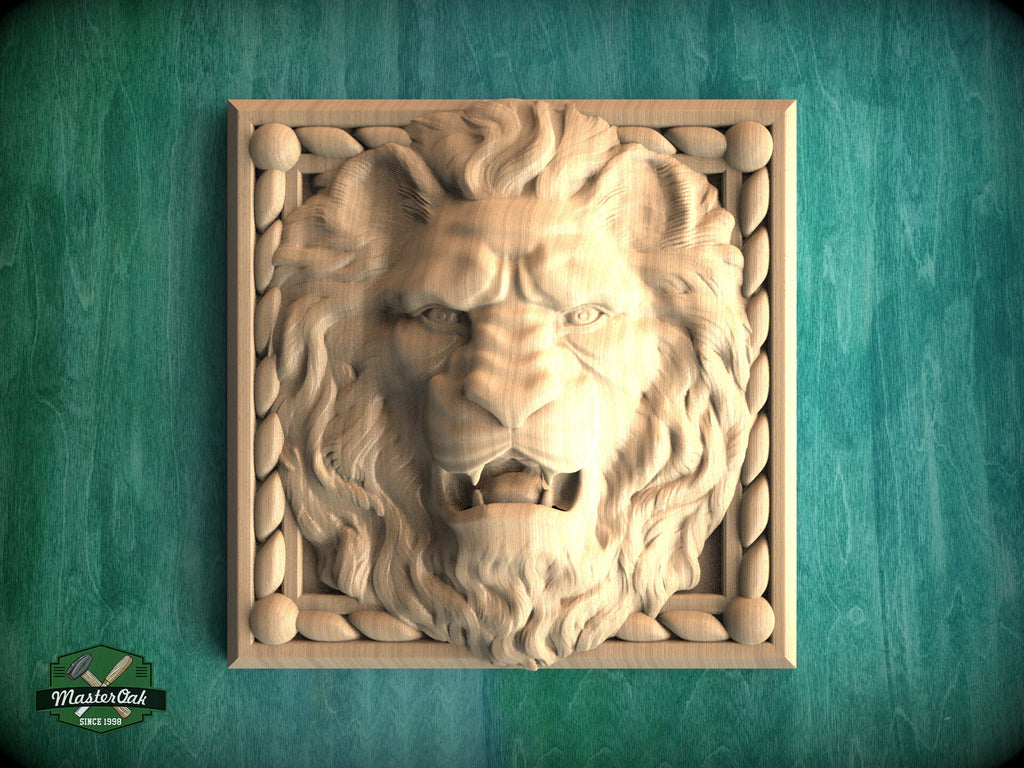 Square Decor Lion made of wood, Unpainted, 1pc, Carved lion head, Applique furniture decor DIY Furniture Trim Supplies