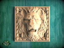 Load image into Gallery viewer, Square Decor Lion made of wood, Unpainted, 1pc, Carved lion head, Applique furniture decor DIY Furniture Trim Supplies
