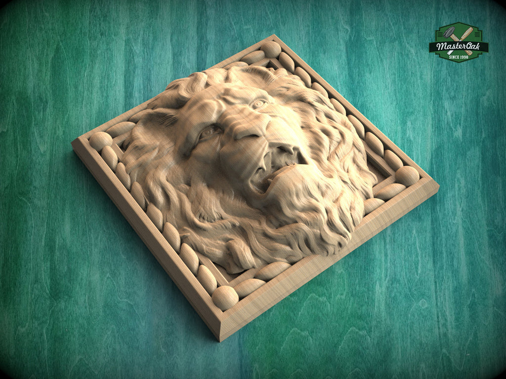 Square Decor Lion made of wood, Unpainted, 1pc, Carved lion head, Applique furniture decor DIY Furniture Trim Supplies