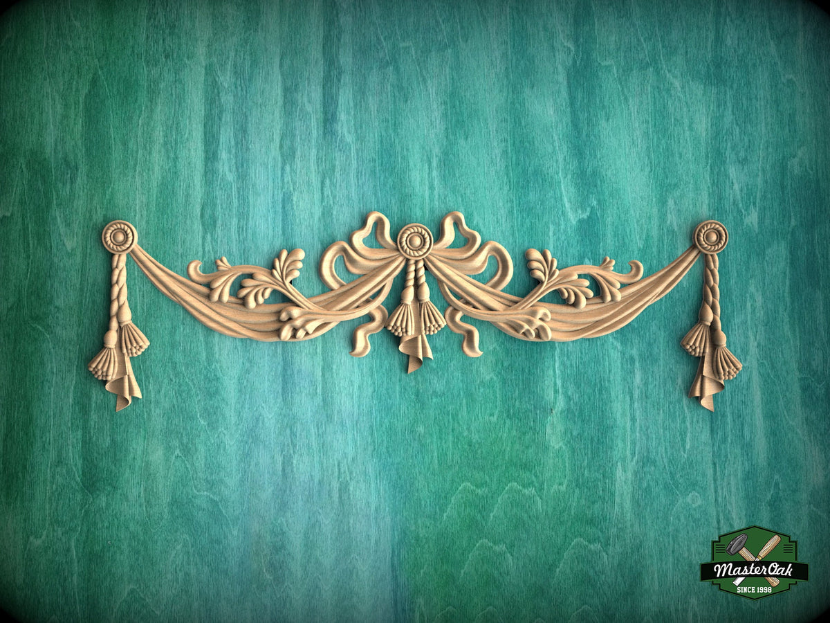 Classic Style Swag Onlay with Bows made  of wood, 1pc, Home Wall Embellishments, Furniture Carving, Wood Onlay