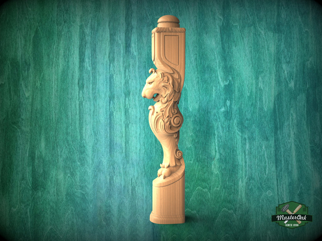 Carved Lion Decorative Post for Staircase from solid wood, 1pc, Lion statue, Custom size wood balusters for stairs