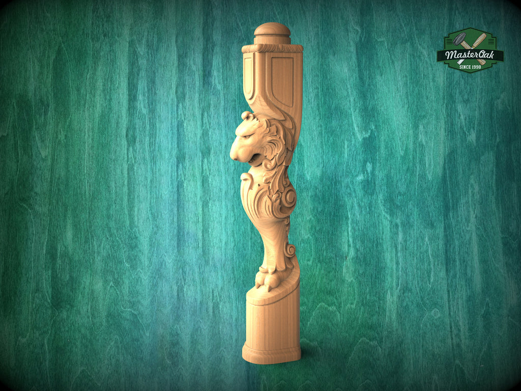 Carved Lion Decorative Post for Staircase from solid wood, 1pc, Lion statue, Custom size wood balusters for stairs