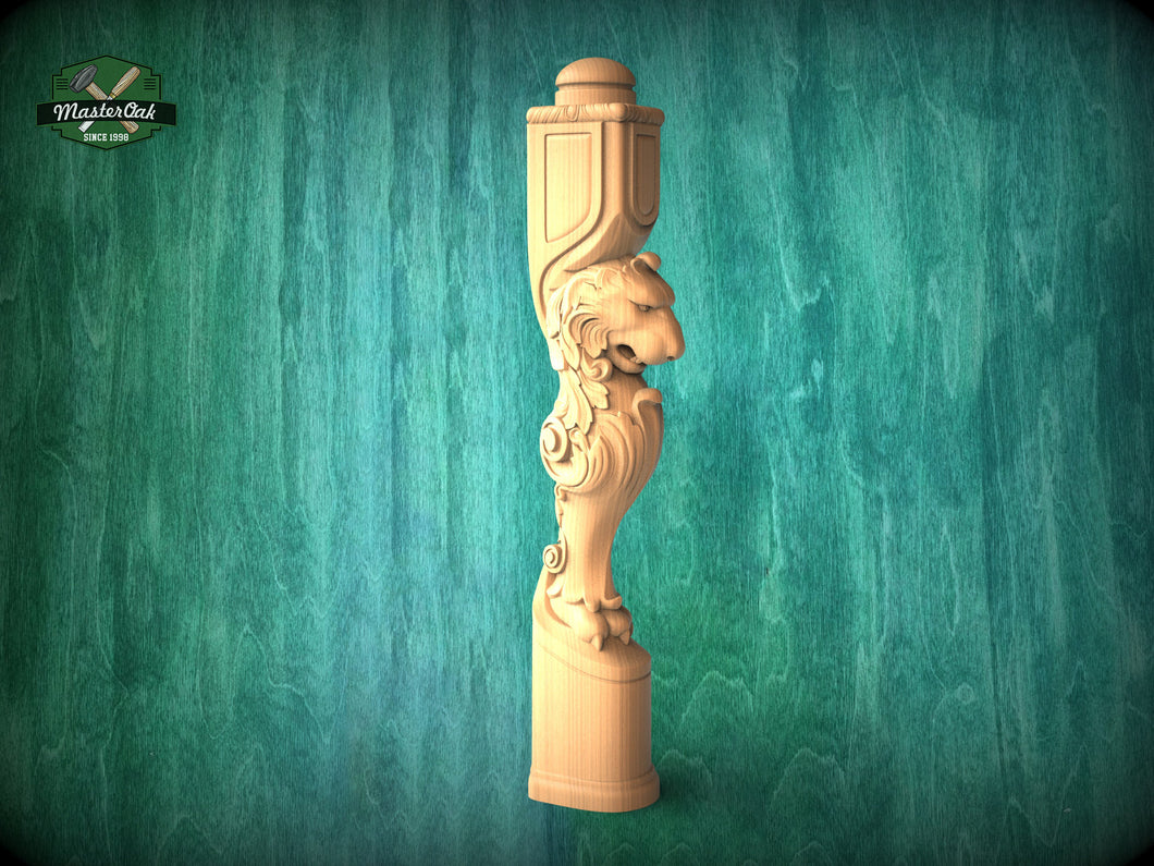 Carved Lion Decorative Post for Staircase from solid wood, 1pc, Lion statue, Custom size wood balusters for stairs