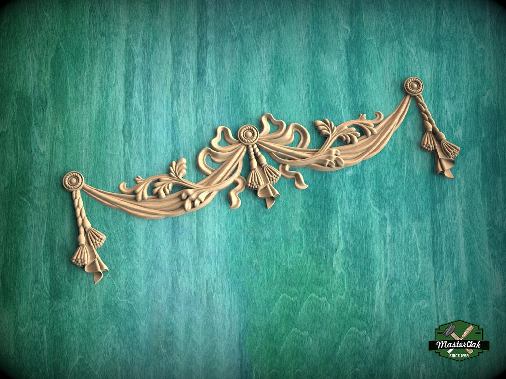 Classic Style Swag Onlay with Bows made  of wood, 1pc, Home Wall Embellishments, Furniture Carving, Wood Onlay