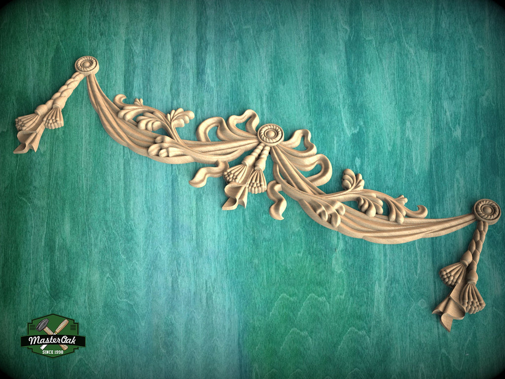 Classic Style Swag Onlay with Bows made  of wood, 1pc, Home Wall Embellishments, Furniture Carving, Wood Onlay