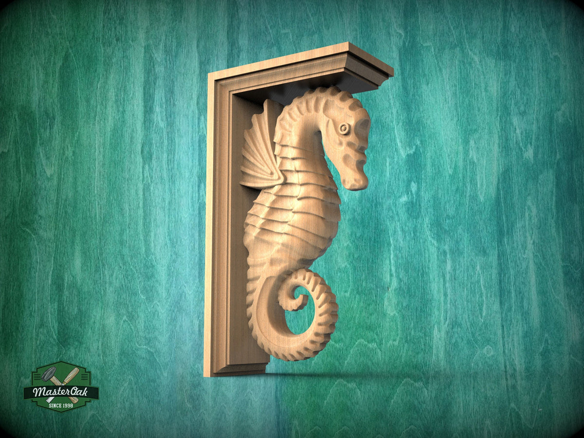 Seahorse Corbel of Wood, Unpainted, Seahorse bracket Carved Wooden Corbel, Home Wall Embellishments, wood onlays, wood wall art decor