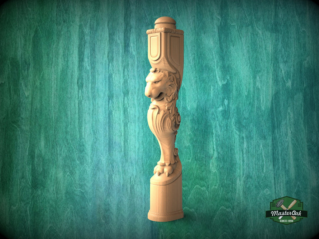 Carved Lion Decorative Post for Staircase from solid wood, 1pc, Lion statue, Custom size wood balusters for stairs
