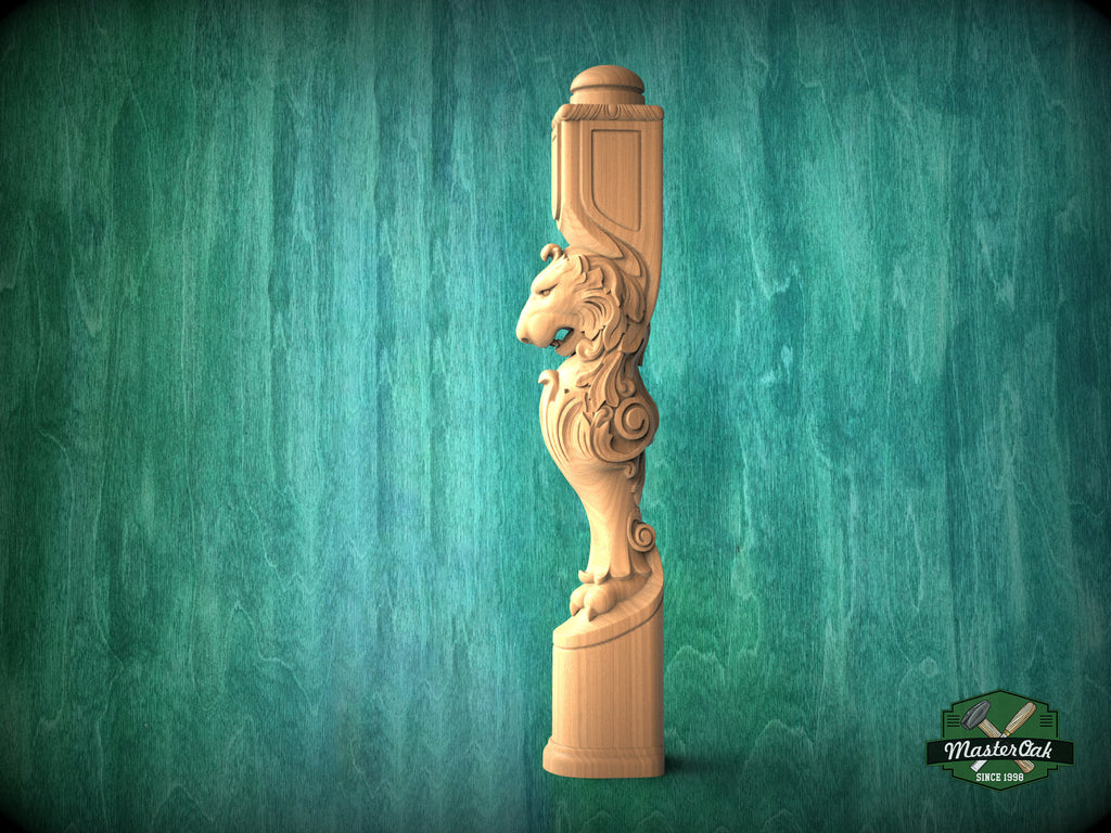 Carved Lion Decorative Post for Staircase from solid wood, 1pc, Lion statue, Custom size wood balusters for stairs