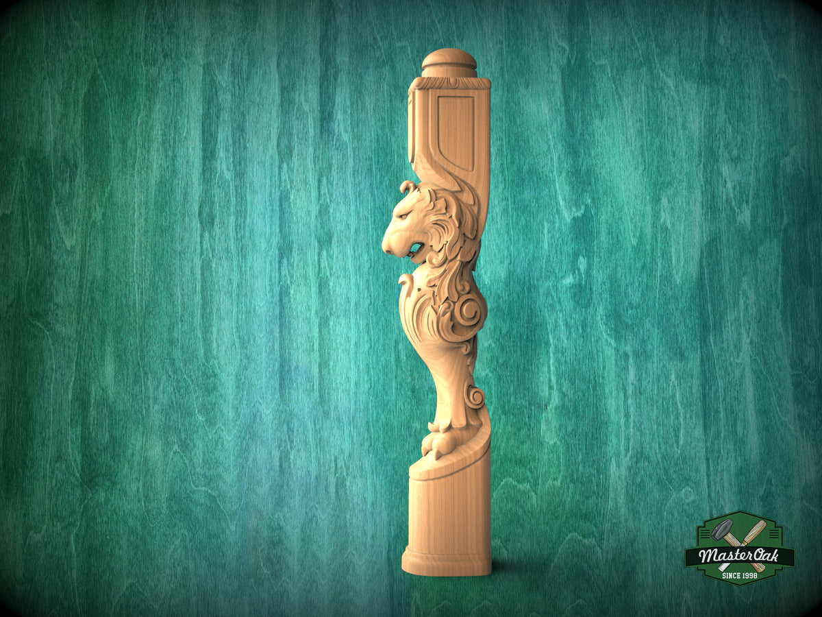 Carved Lion Decorative Post for Staircase from solid wood, 1pc, Lion statue, Custom size wood balusters for stairs