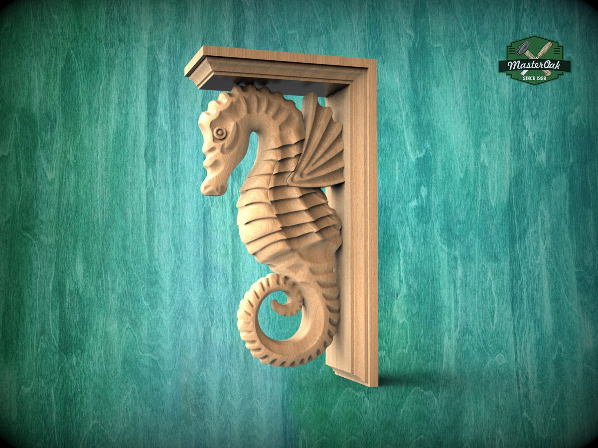 Seahorse Corbel of Wood, Unpainted, Seahorse bracket Carved Wooden Corbel, Home Wall Embellishments, wood onlays, wood wall art decor