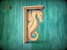 Load image into Gallery viewer, Seahorse Corbel of Wood, Unpainted, Seahorse bracket Carved Wooden Corbel, Home Wall Embellishments, wood onlays, wood wall art decor
