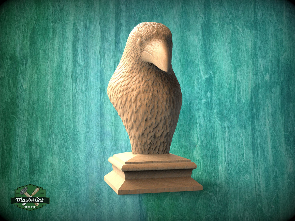 Crow Wooden Finial for Staircase Newel Post, Raven finial bed post, Corbie statue of wood, Decorative Newel Post Cap Bird Face