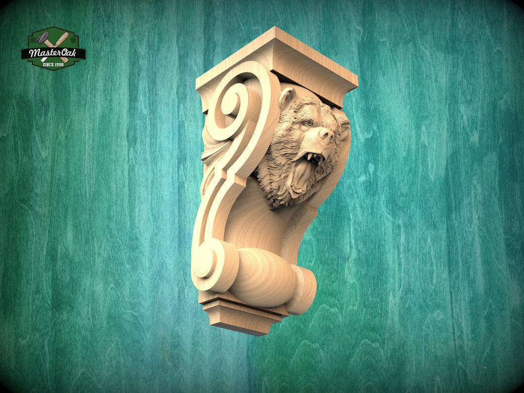 Corbel Bear made of wood, Unpainted, Decorative Carved Wooden Corbel, 1pc, Home Wall Embellishments, wood onlays, wood wall art decor
