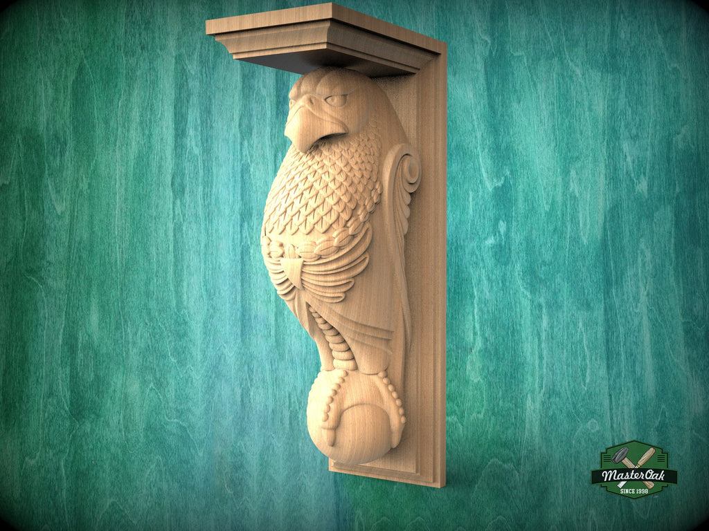 Ealge Corbel of Wood, Unpainted, Eagle bracket Carved Wooden Corbel, Home Wall Embellishments, wood onlays, wood wall art decor