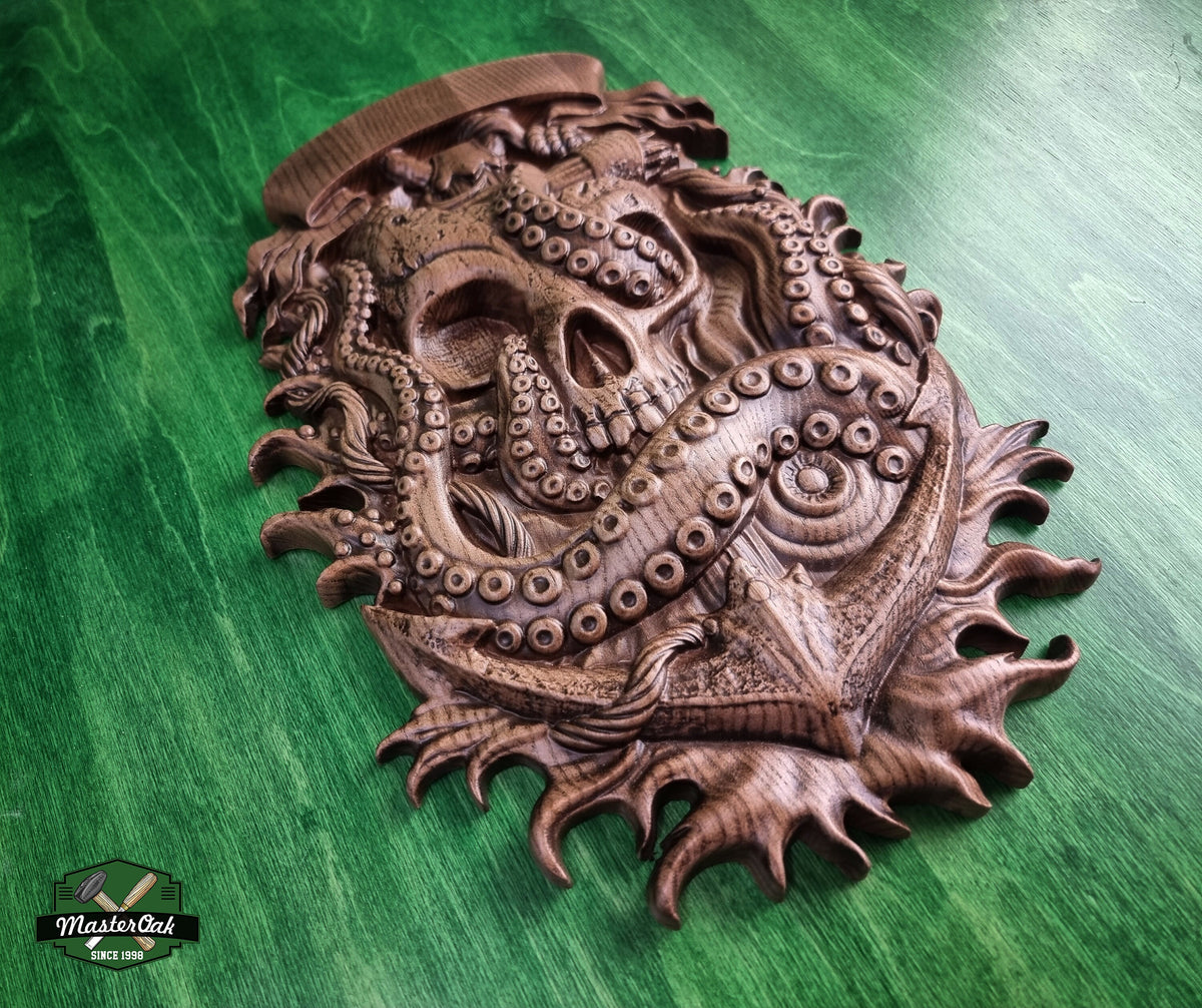 Skull and Octopus carved panel made of wood, wood wall art, carved skull of wood, wall decor carving, Santa Muerte, Dark Art