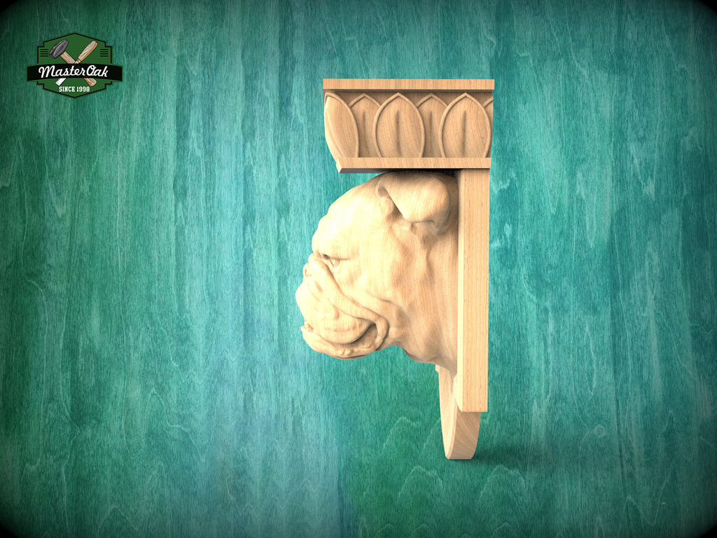 Bulldog Corbel made of wood, Unpainted, Bulldog bust Decorative Carved Wooden Corbel, Home Wall Embellishments