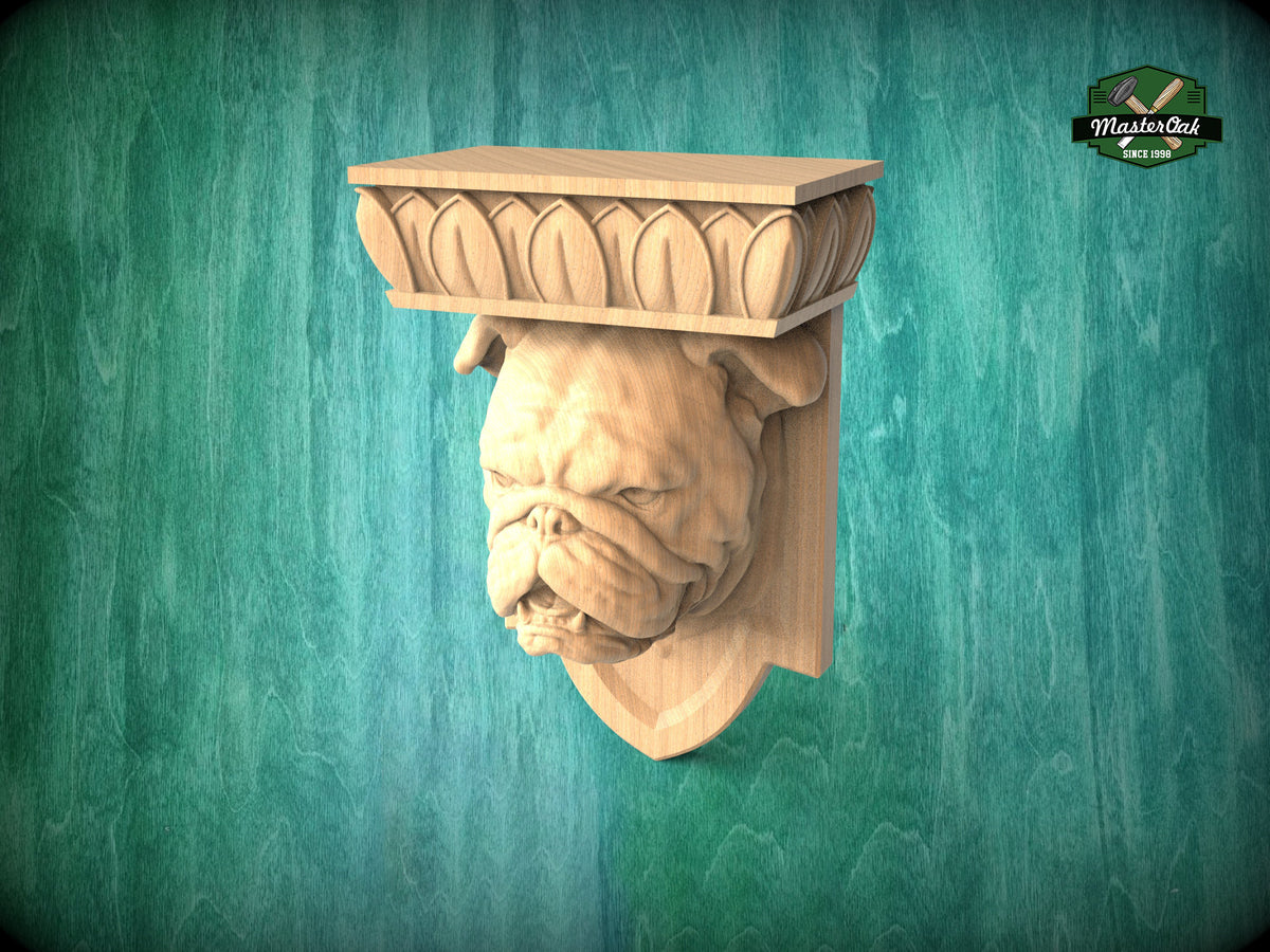 Bulldog Corbel made of wood, Unpainted, Bulldog bust Decorative Carved Wooden Corbel, Home Wall Embellishments
