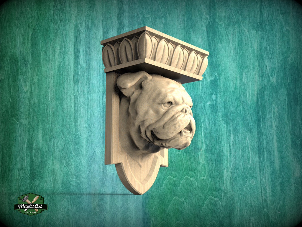 Bulldog Corbel made of wood, Unpainted, Bulldog bust Decorative Carved Wooden Corbel, Home Wall Embellishments