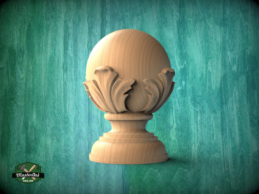 Round Newel Post Cap with acanthus leaves from solid wood, Staircase Newel Post Cap, Bed finials