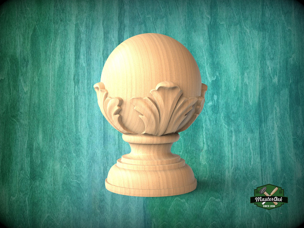 Round Newel Post Cap with acanthus leaves from solid wood, Staircase Newel Post Cap, Bed finials