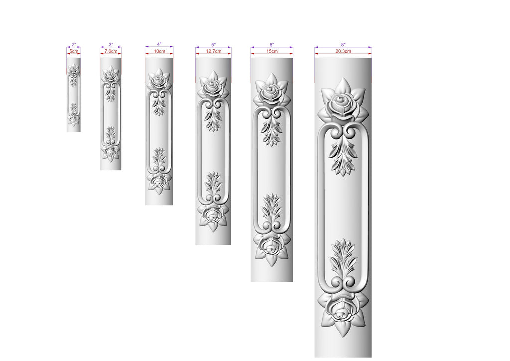 Handcrafted Carved floral style pilasters , Set 2pc, Pair of Carved Wood Trim Post Pillars