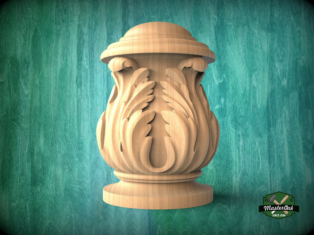 Decorative Wooden Newel Cap With Acanthus Leaves from solid wood, Staircase Newel Post Cap, Bed finials