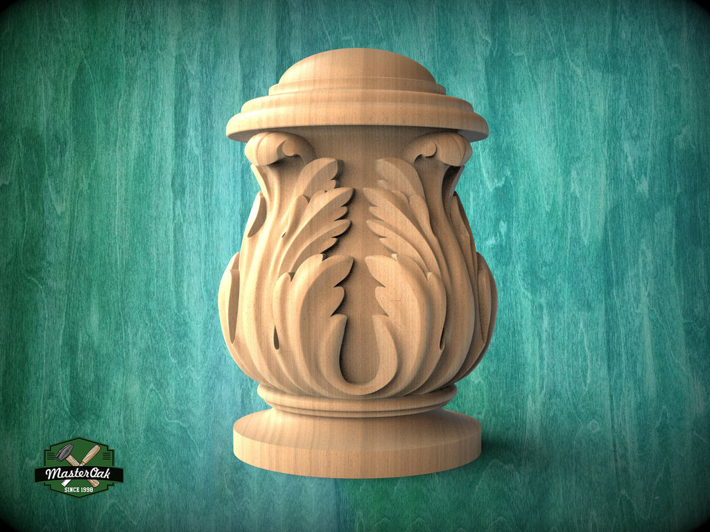 Decorative Wooden Newel Cap With Acanthus Leaves from solid wood, Staircase Newel Post Cap, Bed finials