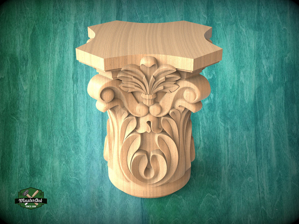 Ionic capital base decor, Acanthus applique, Unpainted, Decorative Carved Wooden Capital, wood onlays, wood wall art decor